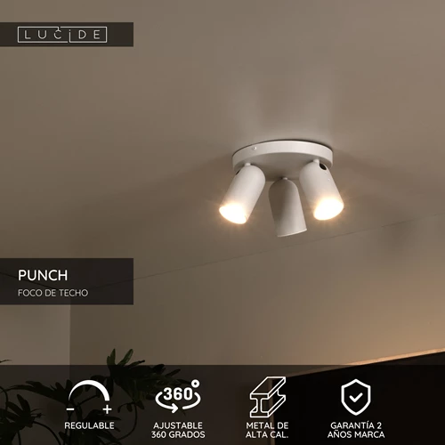 Lucide PUNCH - Foco de techo - Ø 21 cm - 3xGU10 - Blanco - USP